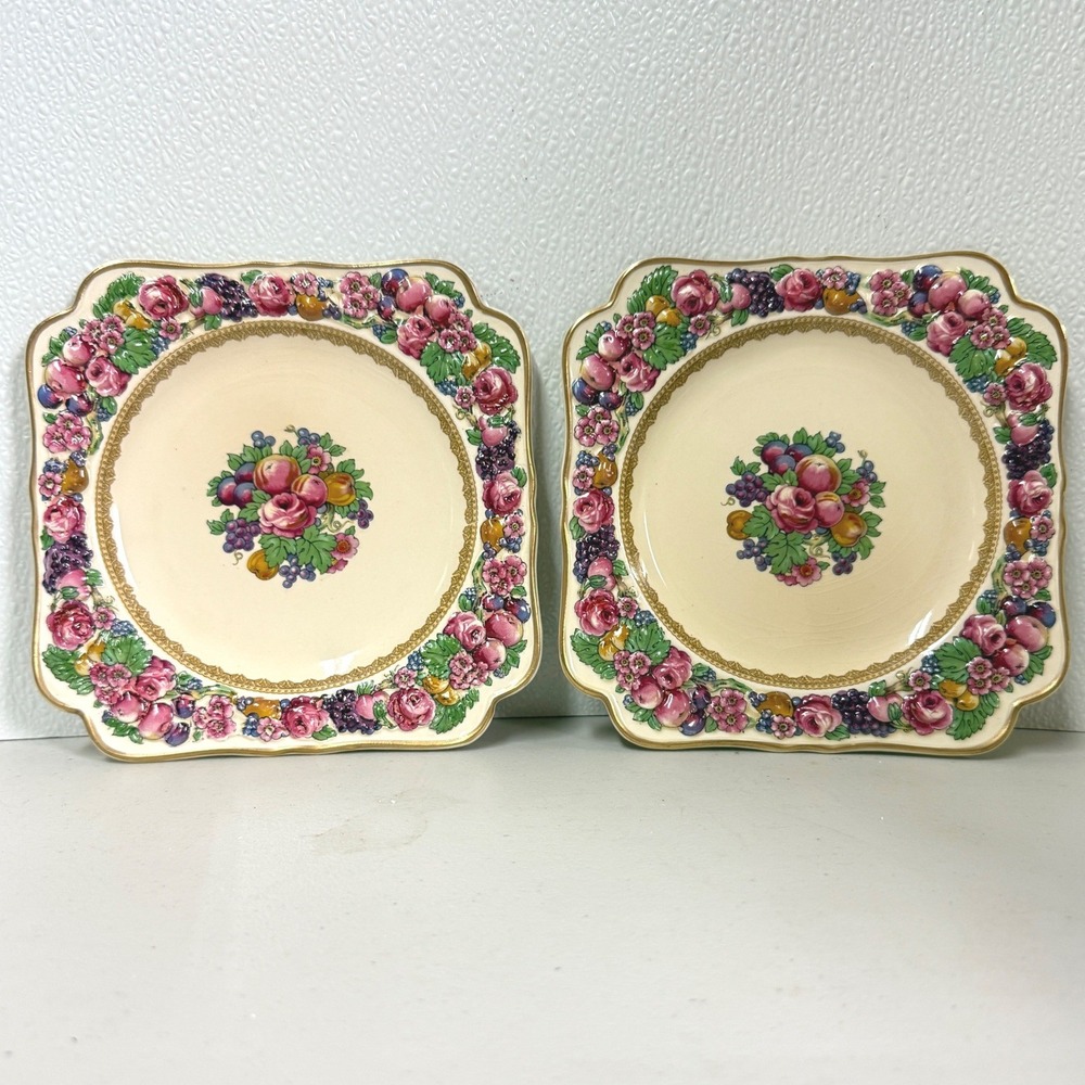Crown Ducal Florentine England Square Dessert Plate Set 2 Fruit Floral 7.5" READ